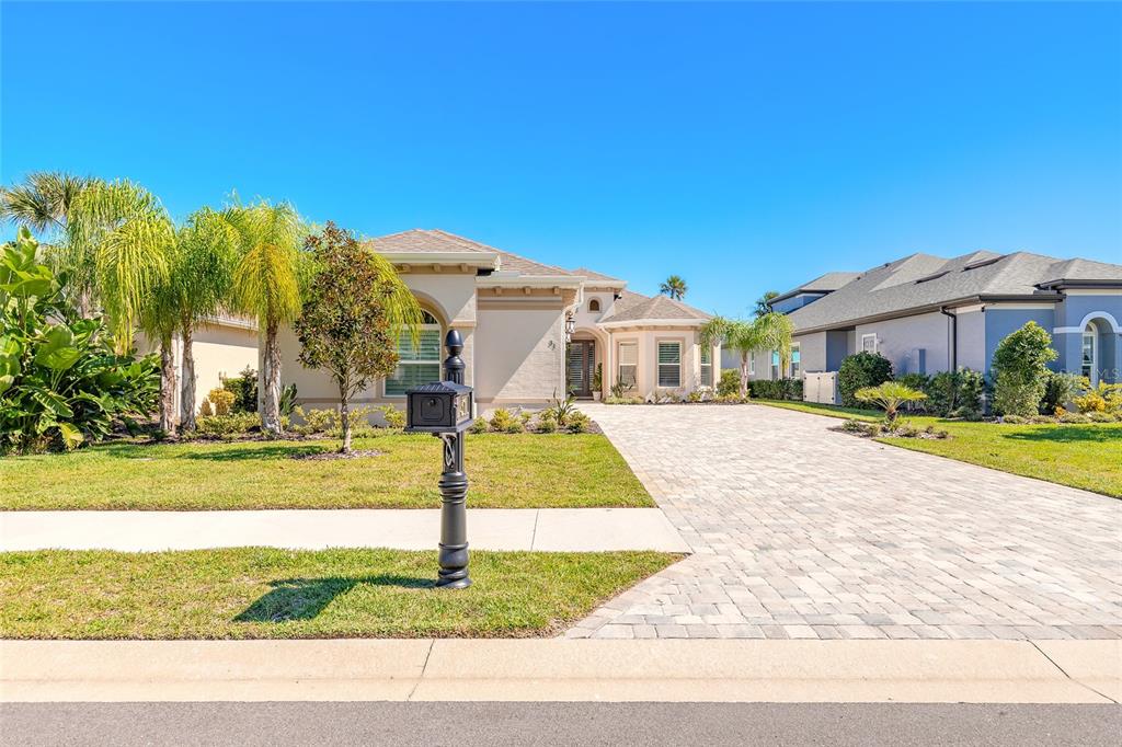 A single-story house with a paved driveway, a front lawn, and palm trees — 31 S RIVERWALK DRIVE, PALM COAST, FL