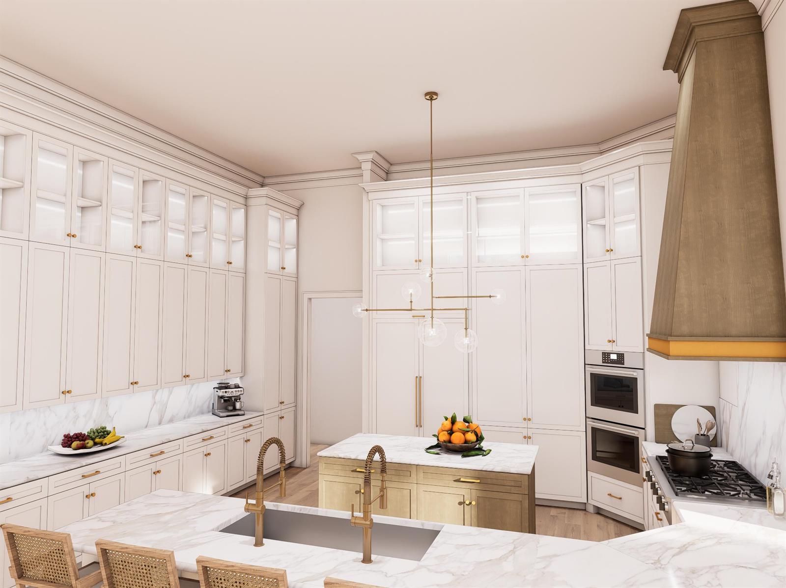 This rendering shows a modern kitchen with white cabinetry, a marble island, and brass fixtures — 4475 NW 24th Terrace, Boca Raton FL 33431, BOCA RATON, FL