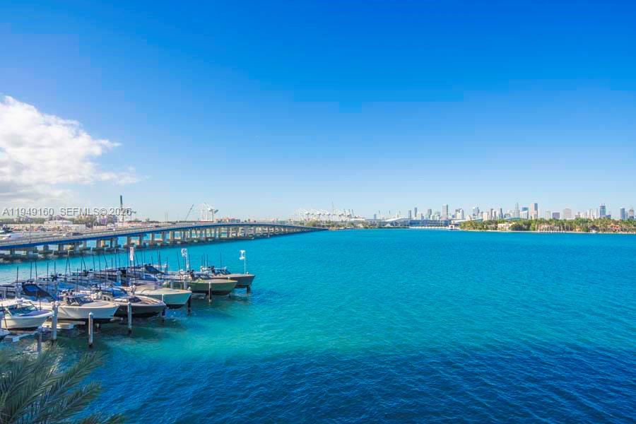A view of a marina with several boats docked beside a long bridge and city skyline — 540 West Ave # 411, Miami Beach FL 33139, MIAMI BEACH, FL