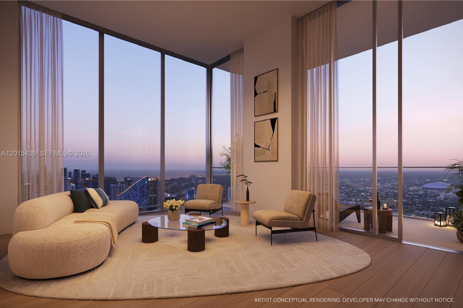This artist conceptual rendering shows a modern living room with floor-to-ceiling windows and city views — 175 NE 10 Street # 44A, Miami FL 33132, MIAMI, FL