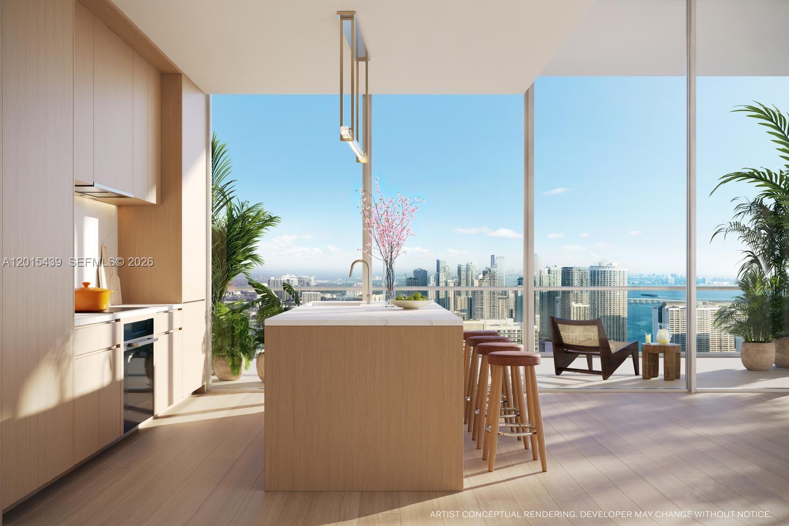 This artist conceptual rendering shows a modern kitchen with a wood island and city views — 175 NE 10 Street # 44A, Miami FL 33132, MIAMI, FL