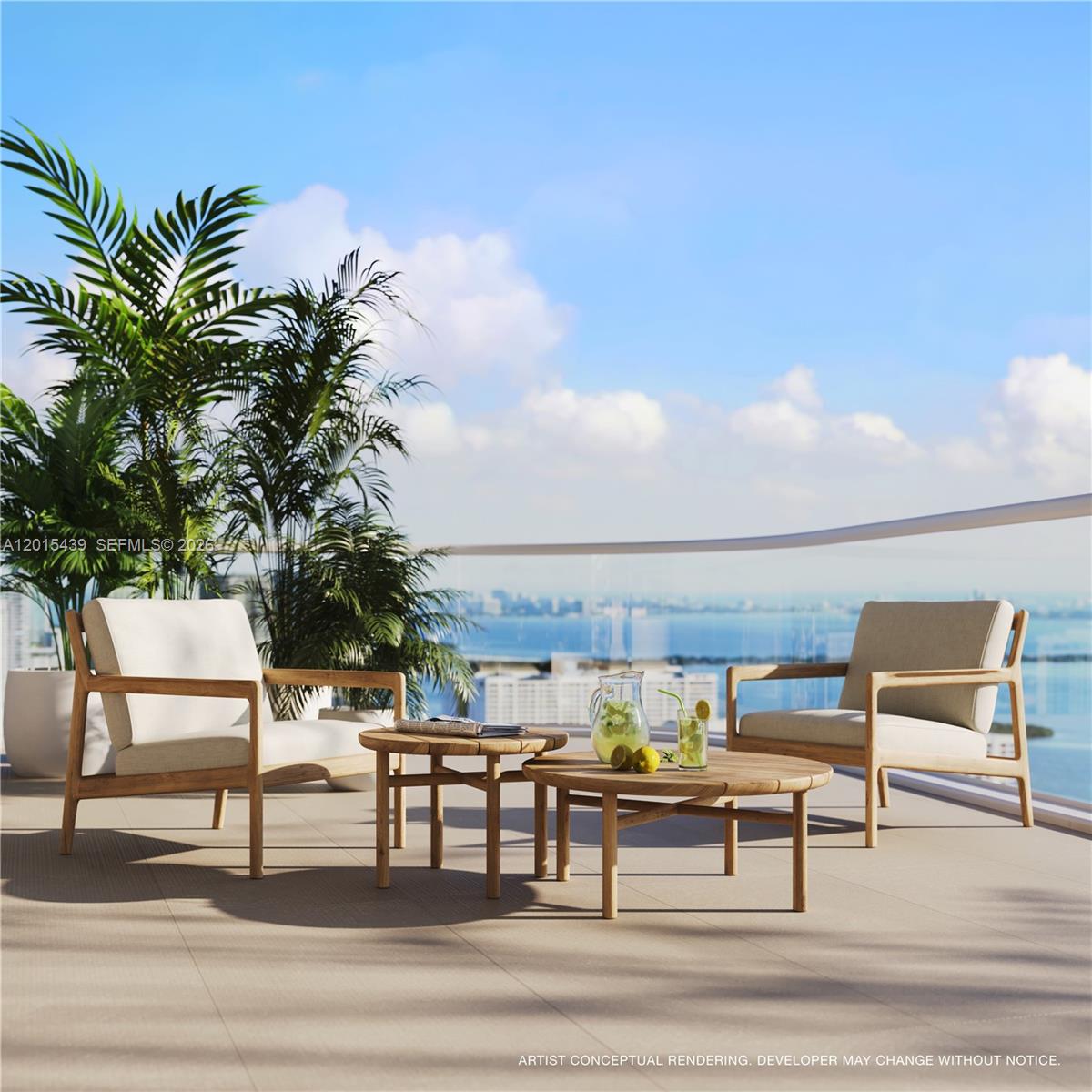 This artist conceptual rendering shows a balcony with two wooden chairs and tables overlooking water — 175 NE 10 Street # 44A, Miami FL 33132, MIAMI, FL