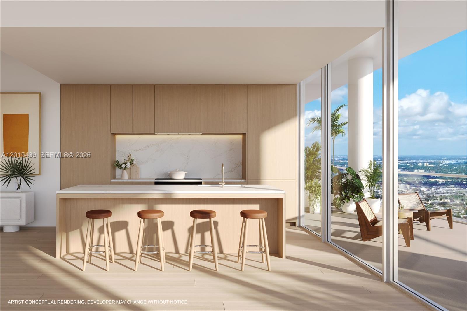 This architectural rendering shows a modern kitchen with light wood cabinetry and a marble island — 175 NE 10 Street # 44A, Miami FL 33132, MIAMI, FL