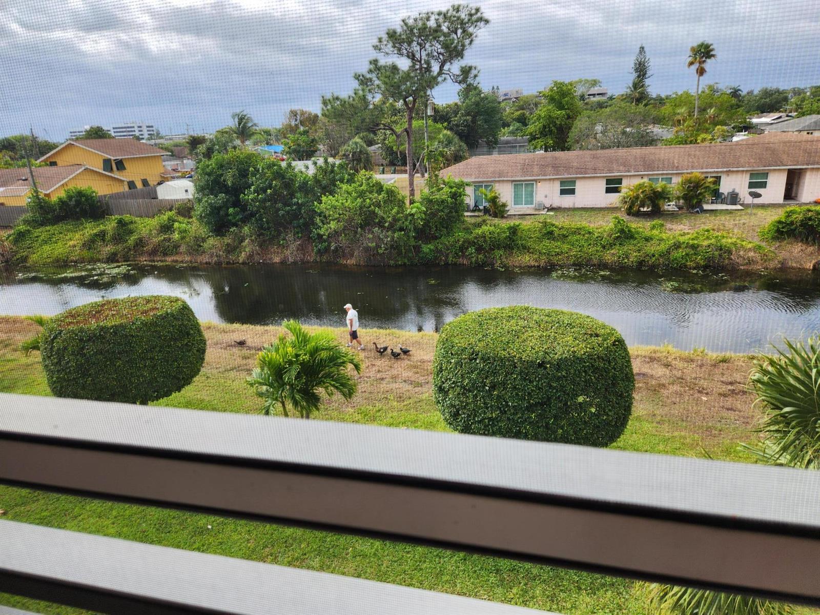 A view from a screened window overlooking a canal, green lawn, and residential houses — 2606 Garden Drive # 304, FL 33461, FL