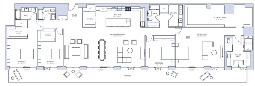 This floor plan shows a four-bedroom luxury apartment with a large terrace and open living area — 400 CENTRAL AVENUE UNIT 4002, ST PETERSBURG, FL