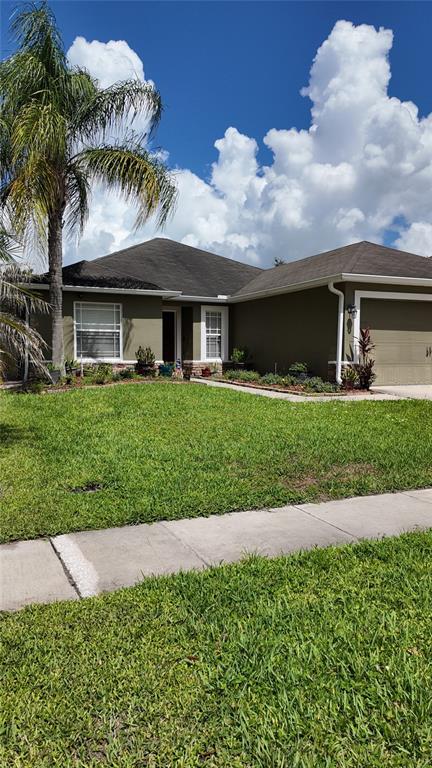 A single-story house with olive green siding, a dark roof, and a palm tree — 1870 RUFUS KING DRIVE, ST CLOUD, FL