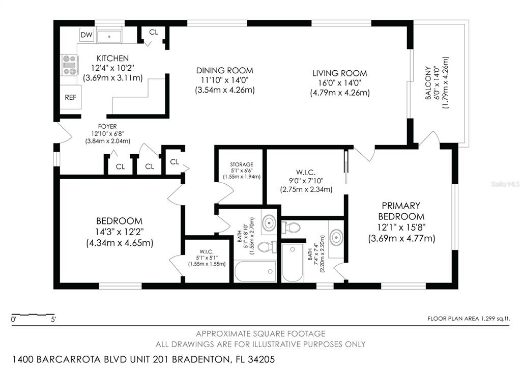 This is a floor plan for a two-bedroom, two-bathroom apartment with a balcony — 1400 BARCARROTA BOULEVARD UNIT 201, BRADENTON, FL