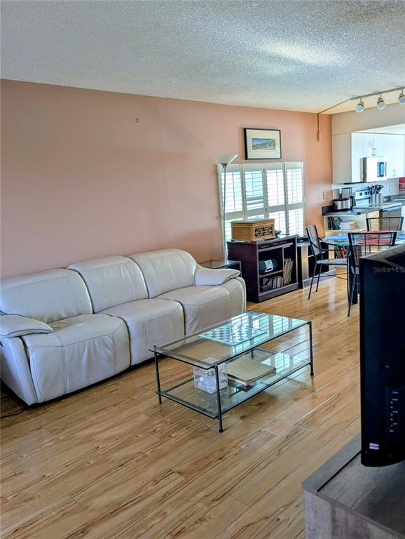 A living room features a white leather sofa, glass coffee table, and light wood flooring — 1200 37TH STREET N UNIT 409, ST PETERSBURG, FL