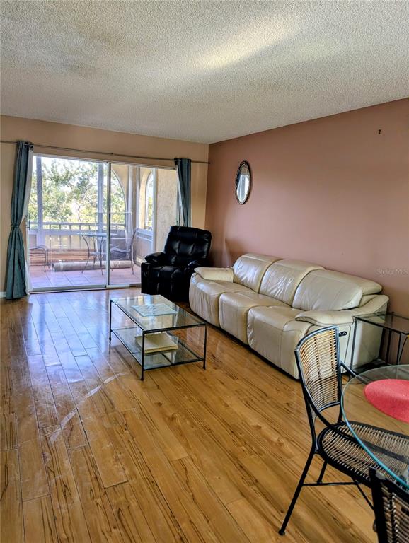 A living room features light wood flooring, a beige sofa, a black recliner, and a balcony — 1200 37TH STREET N UNIT 409, ST PETERSBURG, FL