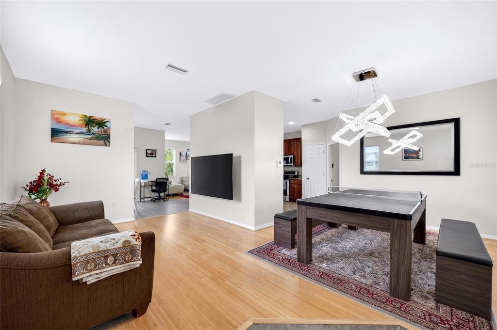 A living room features a brown sofa, a wall-mounted television, and a ping pong table — 8919 N RIVER ROAD, TAMPA, FL