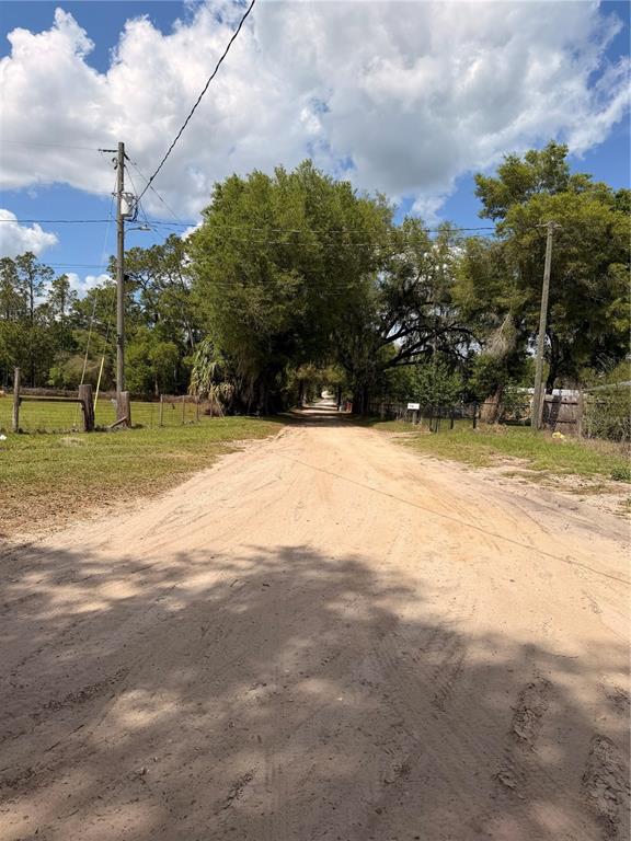 A dirt road leads through a tree-lined path under a blue sky with clouds — 20512 RAMER ROAD, DADE CITY, FL
