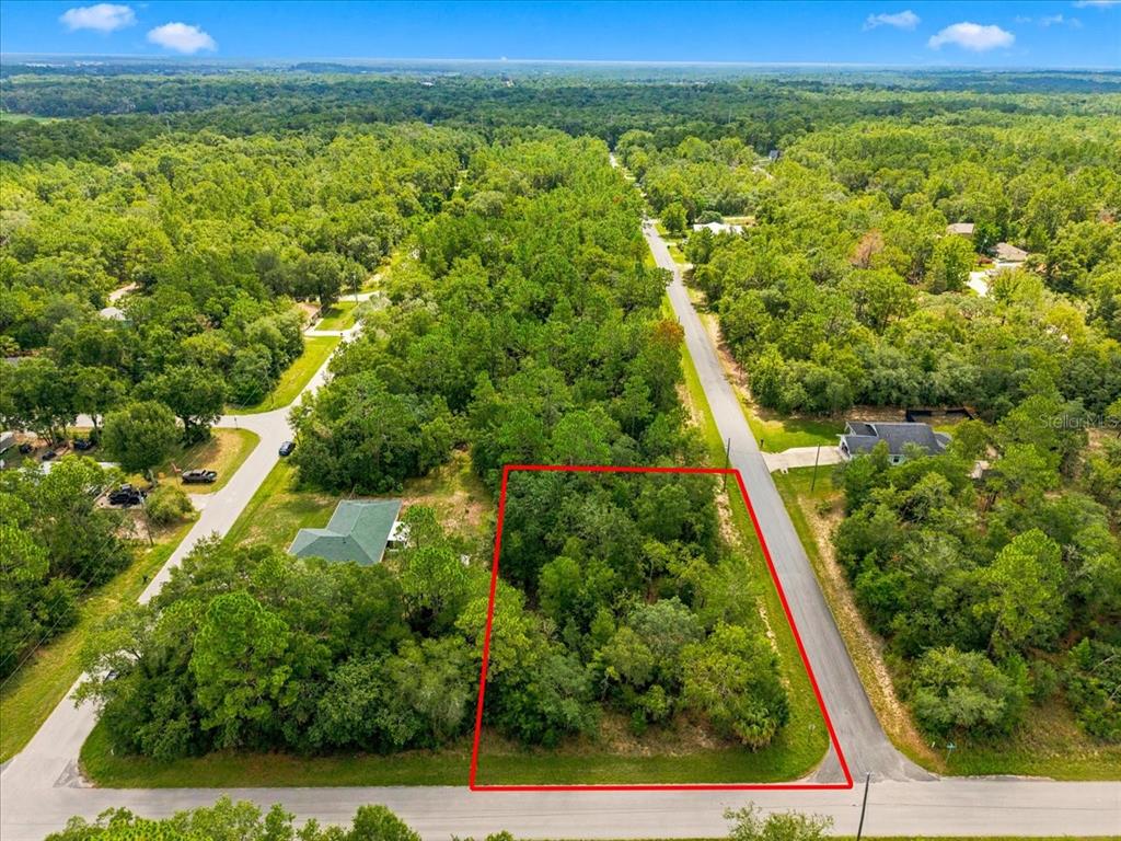 An aerial view shows a rectangular, wooded vacant lot outlined in red along a road — 3015 E MAY STREET, INVERNESS, FL
