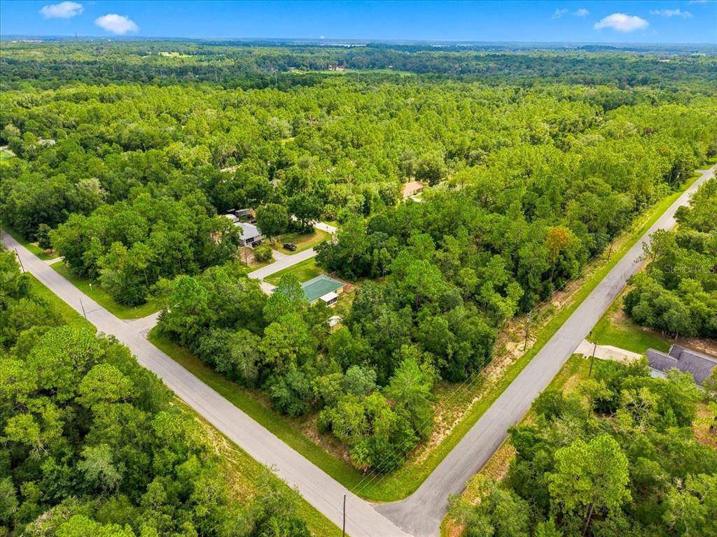 An aerial view shows a house nestled within a dense forest at a road intersection — 3015 E MAY STREET, INVERNESS, FL