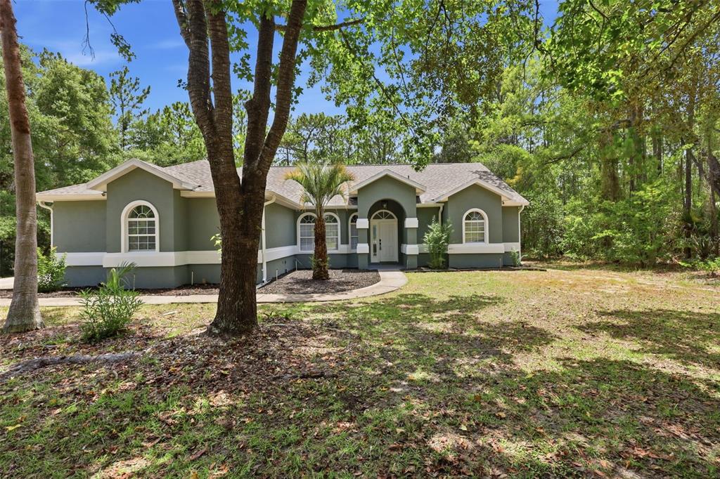 A single-story green house with white trim and arched windows sits in a wooded lot — 5042 N PEPPERMINT DRIVE, BEVERLY HILLS, FL