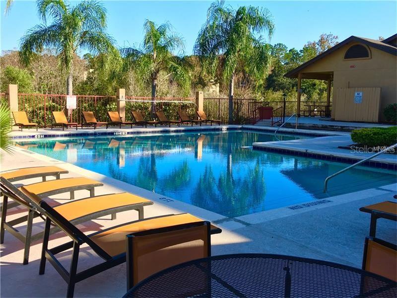 A swimming pool with lounge chairs on a deck surrounded by palm trees and buildings — 625 DORY LANE UNIT 303, ALTAMONTE SPRINGS, FL