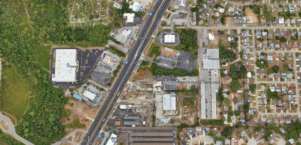This is an aerial map view of a commercial area along a highway — 8900 US 19 HIGHWAY, PORT RICHEY, FL