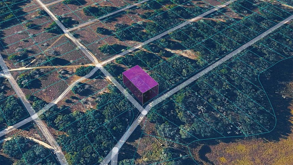 An aerial view shows a vacant, rectangular lot highlighted in purple within a wooded area — 2301 EISENHOWER STREET, INVERNESS, FL