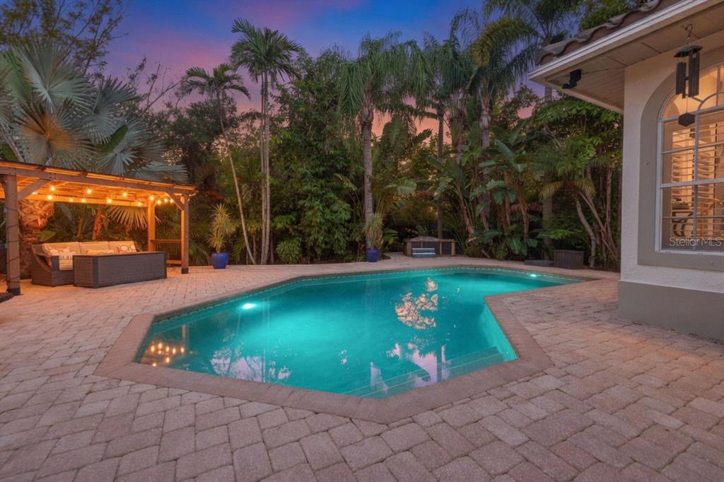 A backyard features a swimming pool, a wooden pergola with seating, and lush tropical landscaping — 4660 LAUREL OAK LANE NE, ST PETERSBURG, FL
