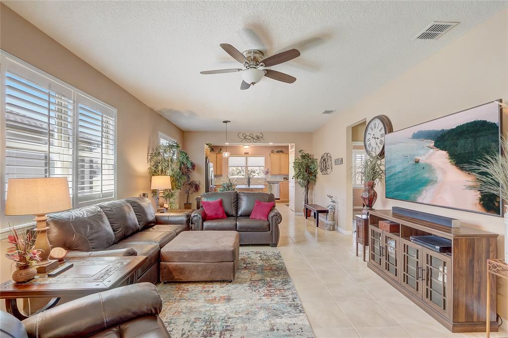 A living room features leather furniture, a large television, and a ceiling fan — 9673 SW 63RD LOOP, OCALA, FL
