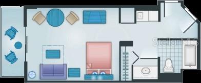 This is a floor plan of a hotel room featuring a balcony, seating, and bathroom — 1960 BROADWAY UNIT 46A, LAKE BUENA VISTA, FL