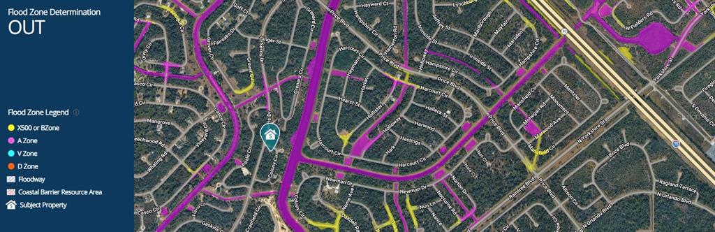 This map displays a flood zone determination for a subject property marked with a house icon — 2515 COLONY CIRCLE, NORTH PORT, FL