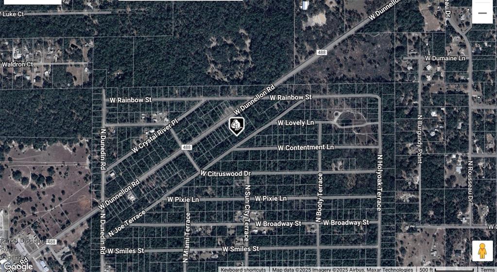 This is a satellite map showing a residential area with street names and road layouts — 7385 W EMBERWOOD PLACE, DUNNELLON, FL