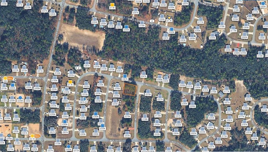 This is an aerial map showing residential lots and streets in a suburban neighborhood — SW 133 LOOP, OCALA, FL