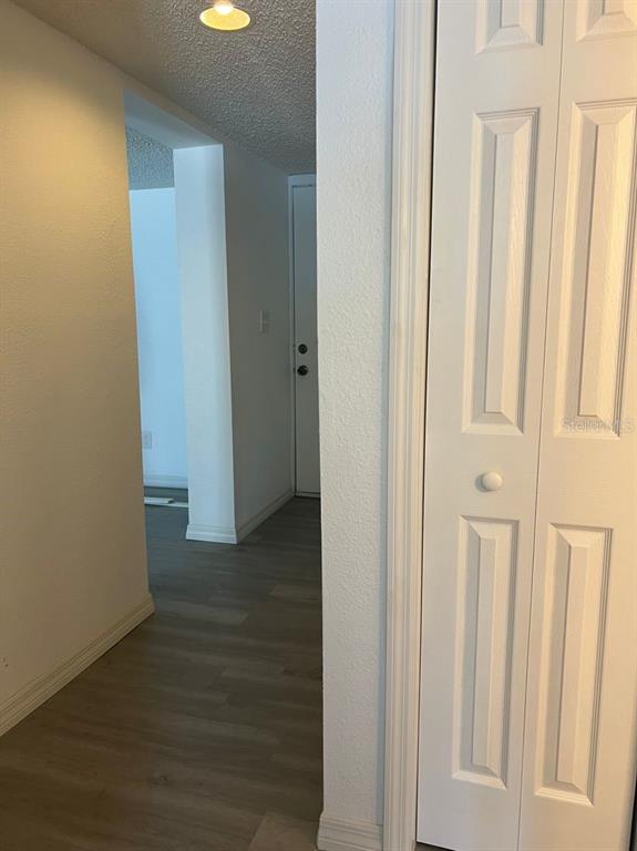 A hallway with light wood-look flooring leads to a white door near a closet — 5541 BAY BOULEVARD UNIT 107, PORT RICHEY, FL