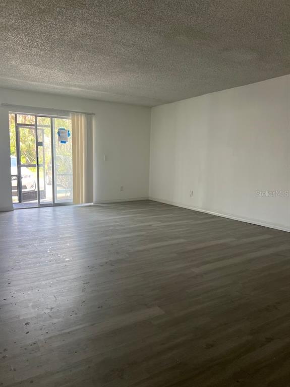 An empty living room with light gray wood-look flooring and a sliding glass patio door — 5541 BAY BOULEVARD UNIT 107, PORT RICHEY, FL