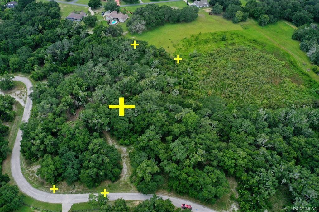 An aerial view shows a wooded lot with yellow markers indicating property boundaries — 4220 S KENVERA LOOP, INVERNESS, FL