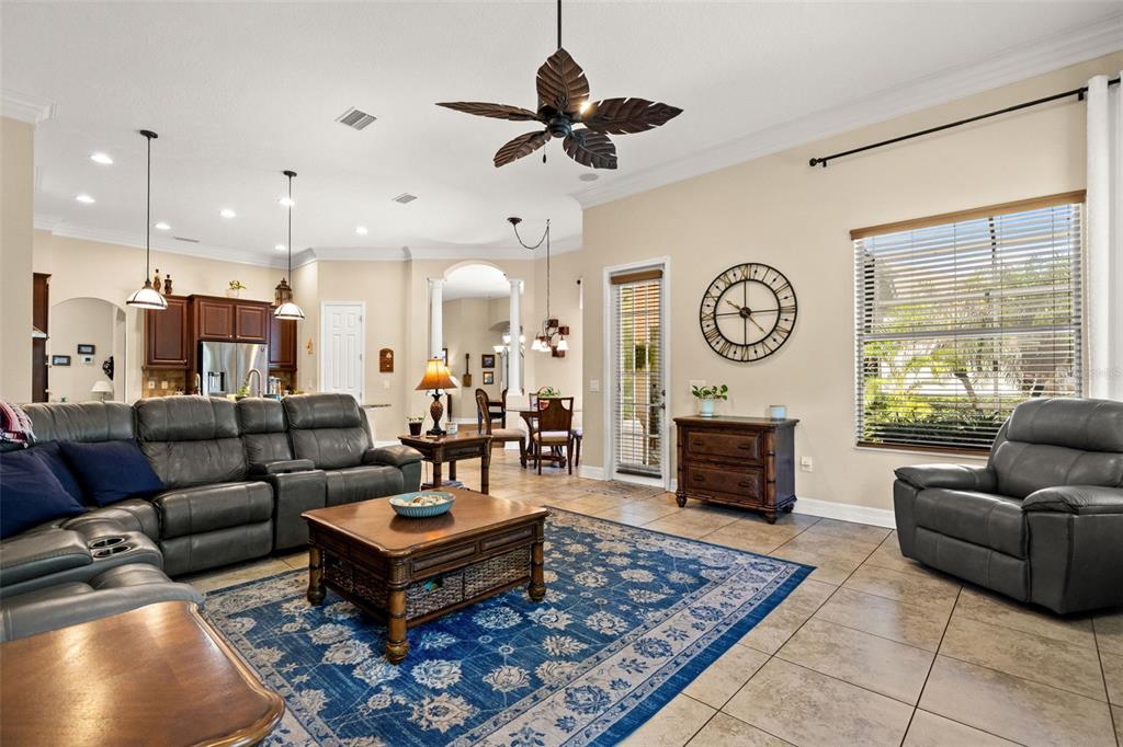 A living room features gray leather furniture, a blue patterned rug, and a ceiling fan — 15103 AZRA DRIVE, ODESSA, FL
