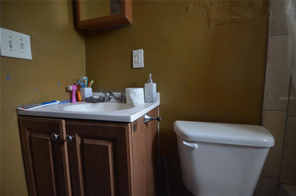 A bathroom features a wood vanity with a white sink, a toilet, and mustard-colored walls — 1607 E NOME STREET, TAMPA, FL