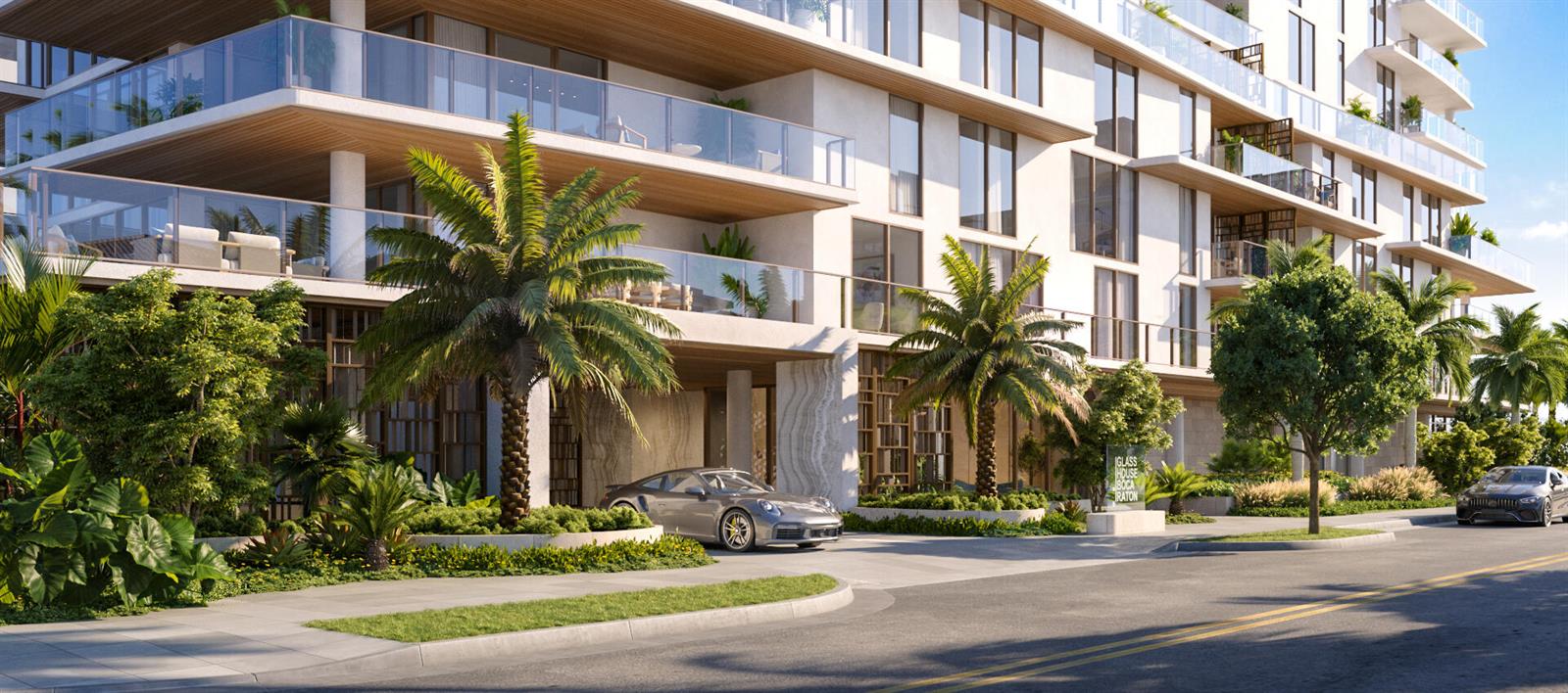 This architectural rendering shows the exterior of a modern residential building with palm trees — 280 E Palmetto Park Road # 73, Boca Raton FL 33432, BOCA RATON, FL