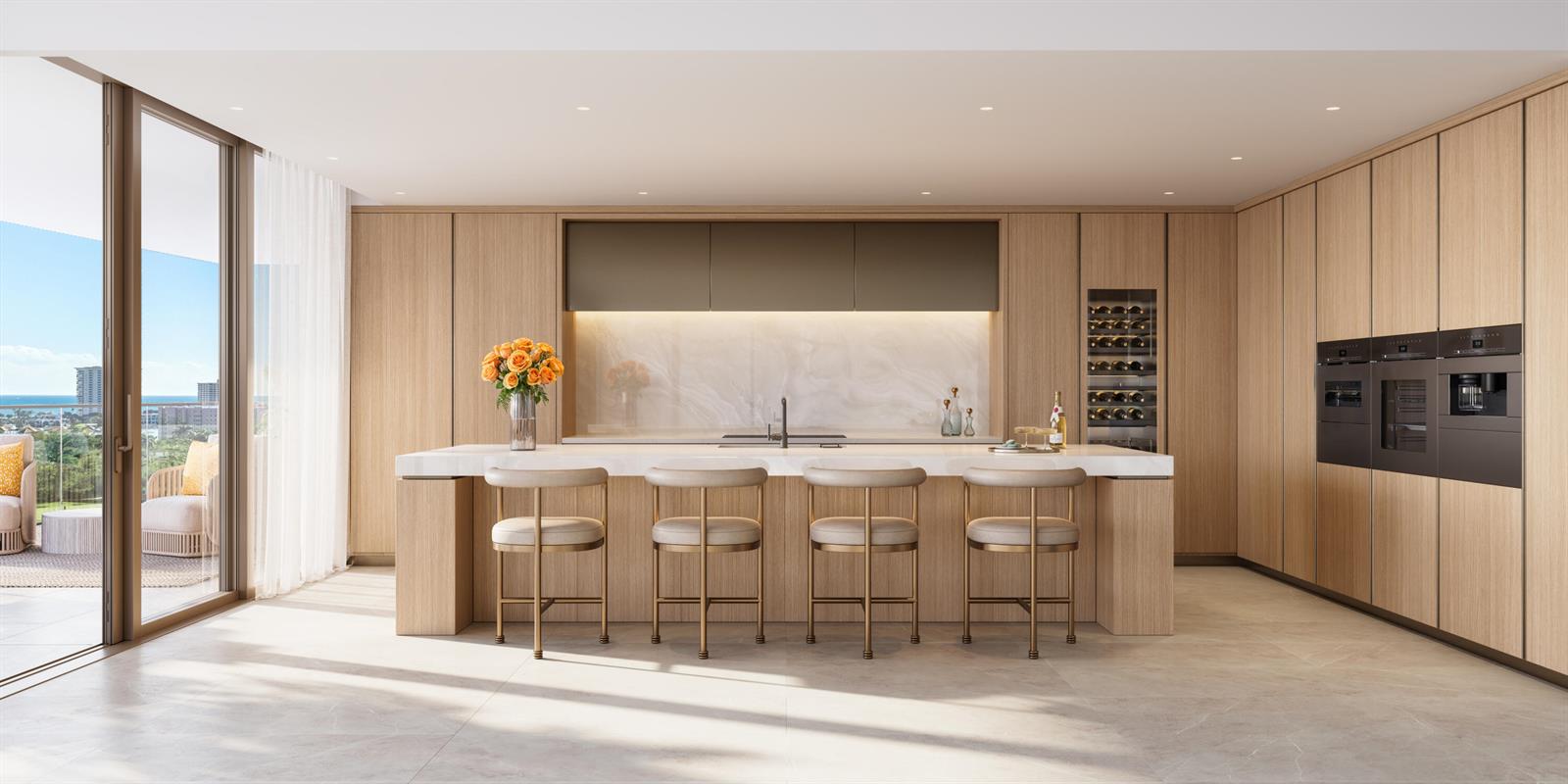 A rendering of a modern kitchen featuring light wood cabinetry, a marble island, and ocean views — 280 E Palmetto Park Road # 73, Boca Raton FL 33432, BOCA RATON, FL