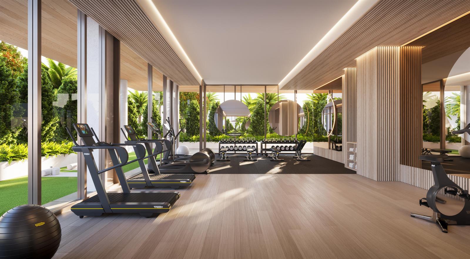 This rendering shows a modern gym with treadmills, weight racks, and floor-to-ceiling windows — 280 E Palmetto Park Road # 73, Boca Raton FL 33432, BOCA RATON, FL