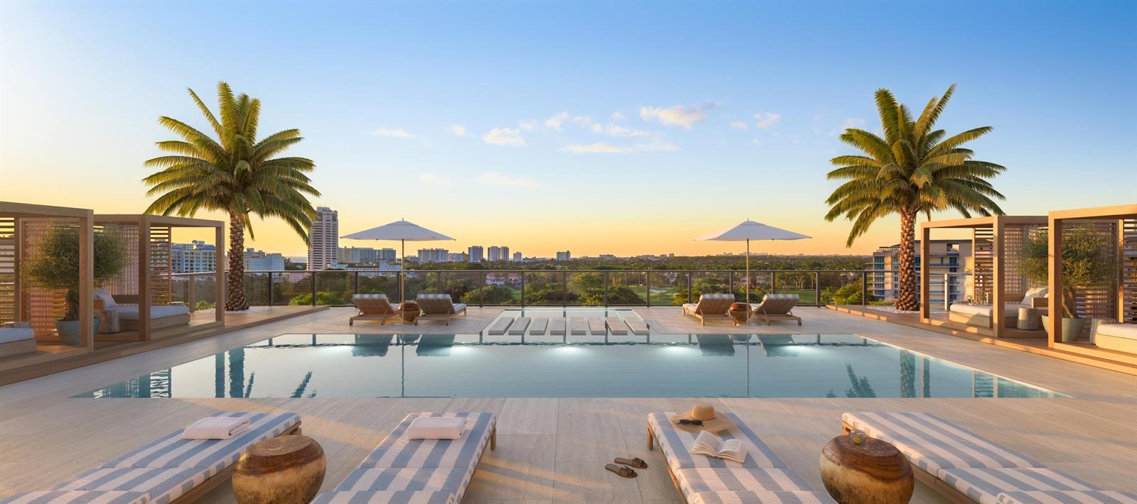 This rendering shows a rooftop swimming pool with lounge chairs, umbrellas, and palm trees — 280 E Palmetto Park Road # 73, Boca Raton FL 33432, BOCA RATON, FL