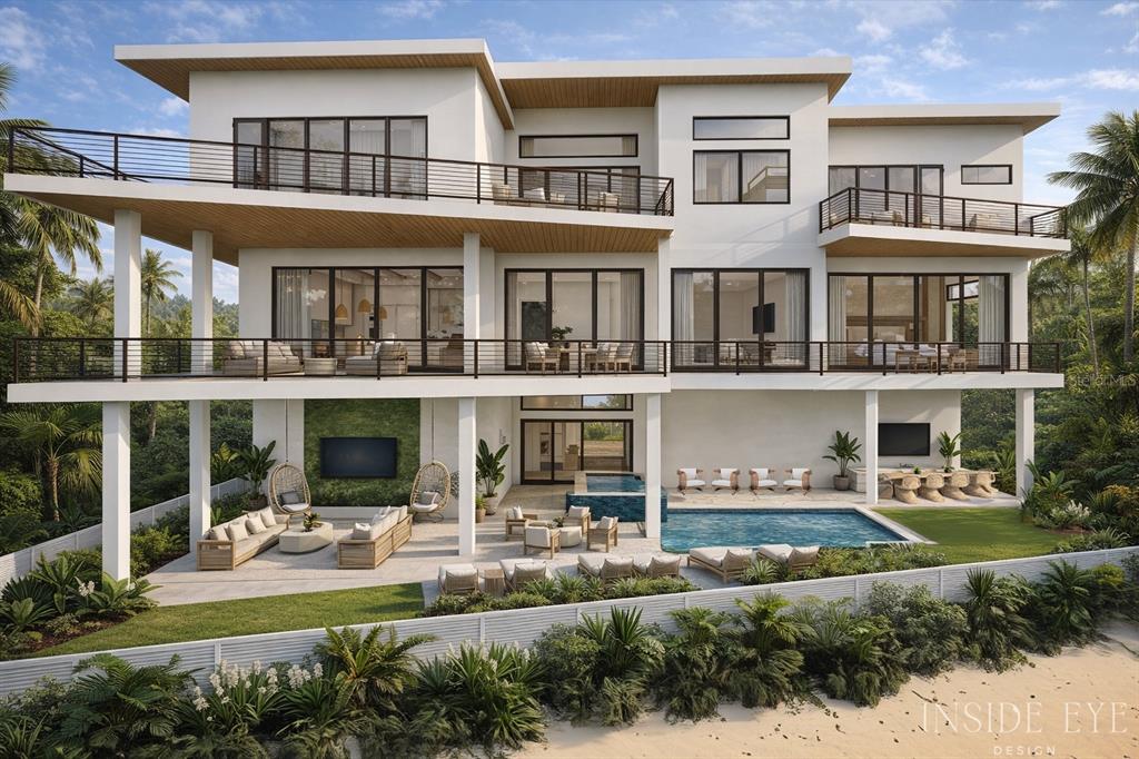 This is a rendering of a modern three-story beach house with a pool and patio — 1200 GULF DRIVE N, BRADENTON BEACH, FL