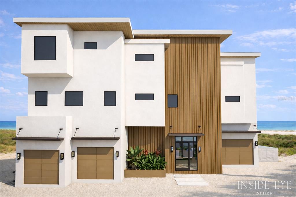 This is a rendering of a modern three-story home with white stucco and wood siding — 1200 GULF DRIVE N, BRADENTON BEACH, FL