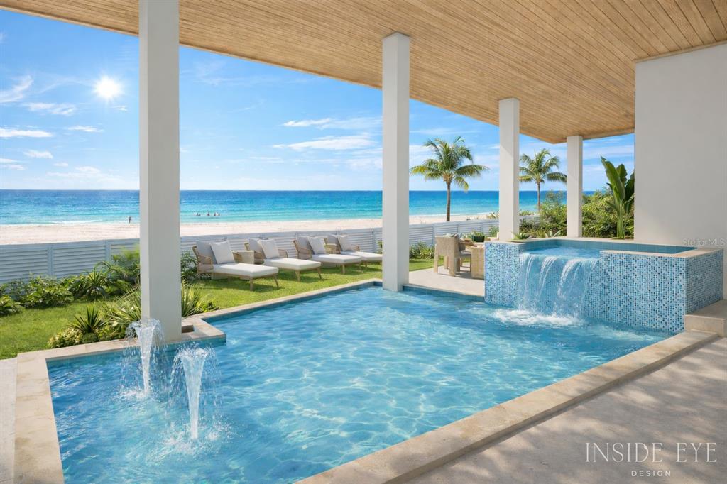 This architectural rendering shows a beachside patio with a pool, water features, and lounge chairs — 1200 GULF DRIVE N, BRADENTON BEACH, FL