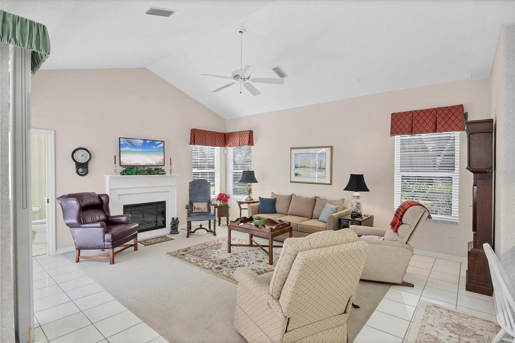 A living room features a fireplace, vaulted ceiling, ceiling fan, and carpeted flooring — 8684 WOODBRIAR DRIVE, SARASOTA, FL