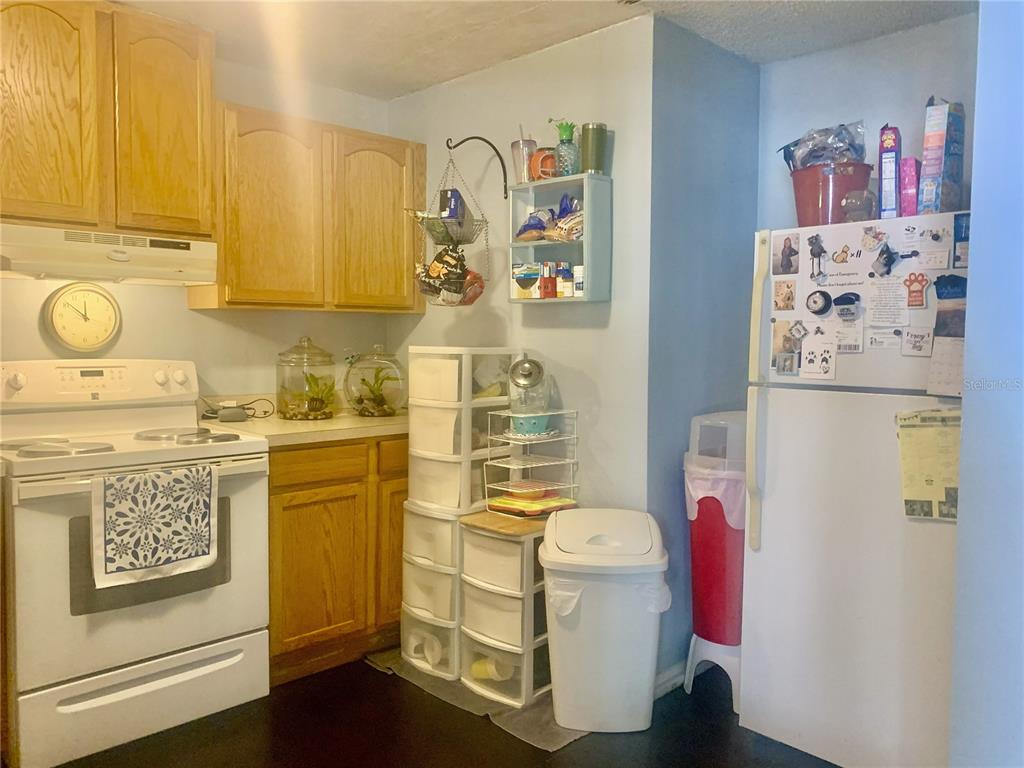 A kitchen features light wood cabinets, white appliances, a trash can, and storage organizers — 701 S DELAWARE AVENUE, DELAND, FL