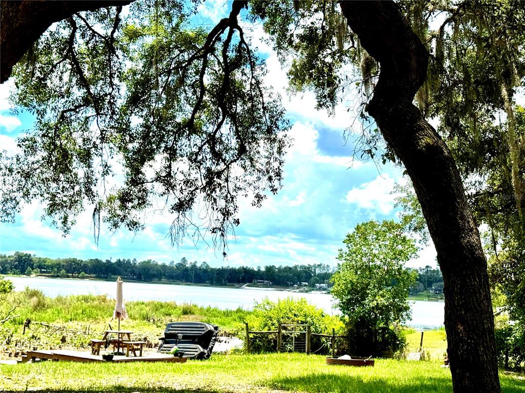 A grassy yard with a picnic table and boat overlooks a lake under large trees — 208 ASHLEY STREET, HAWTHORNE, FL