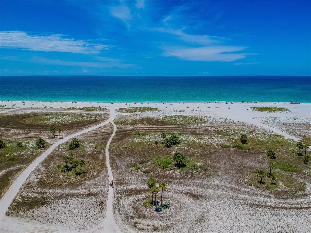 An aerial view of a sandy beach with walking paths and scattered palm trees — 11605 GULF BOULEVARD UNIT 402, TREASURE ISLAND, FL