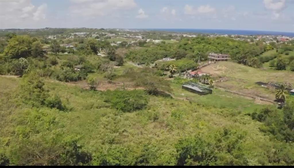 An aerial view shows a grassy, undeveloped lot with scattered trees and distant coastal homes — PR 130 KM 18.0 BO. PUEBLO CUESTA GUAMÁ UNIT Solar 2, HATILLO, PR