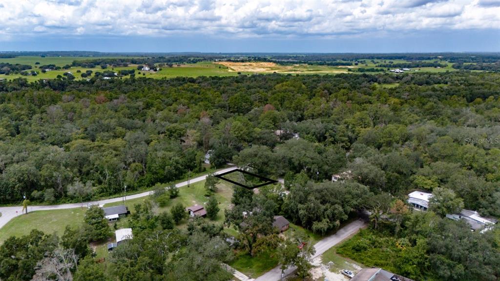 An aerial view shows a wooded residential area with a highlighted rectangular plot of land — 0 RIDERWOOD DRIVE, DADE CITY, FL