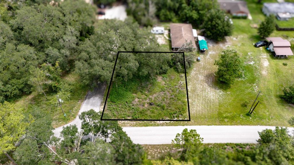 An aerial view shows a vacant, partially wooded rectangular lot outlined in black near a road — 0 RIDERWOOD DRIVE, DADE CITY, FL