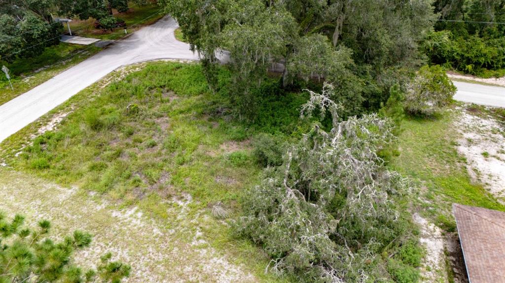 An aerial view of a vacant, wooded residential lot bordered by paved roads — 0 RIDERWOOD DRIVE, DADE CITY, FL