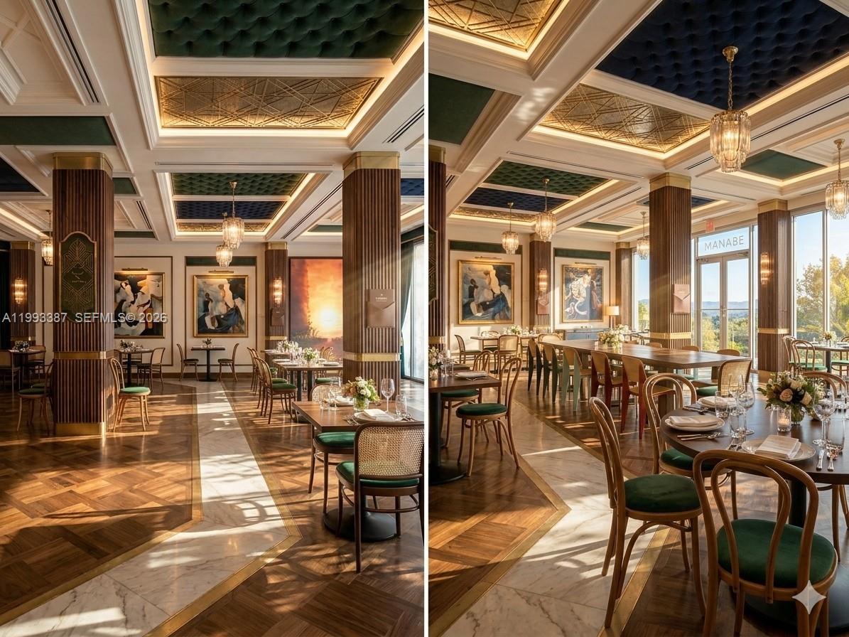 This is a rendering of an elegant restaurant interior with coffered ceilings and wood flooring — 1215 West Ave # 1, Miami Beach FL 33139, MIAMI BEACH, FL