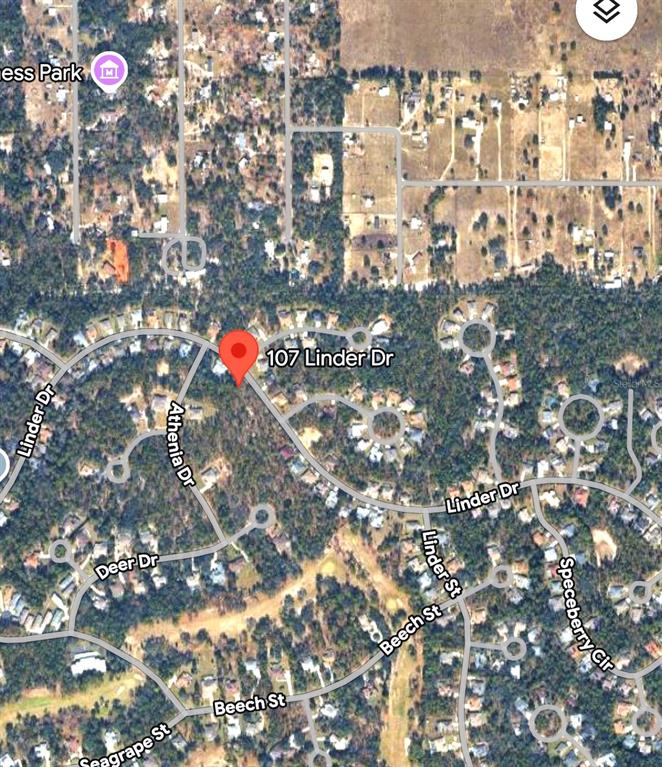 This is a satellite map view showing a residential neighborhood with houses and streets — 107 LINDER DRIVE, HOMOSASSA, FL