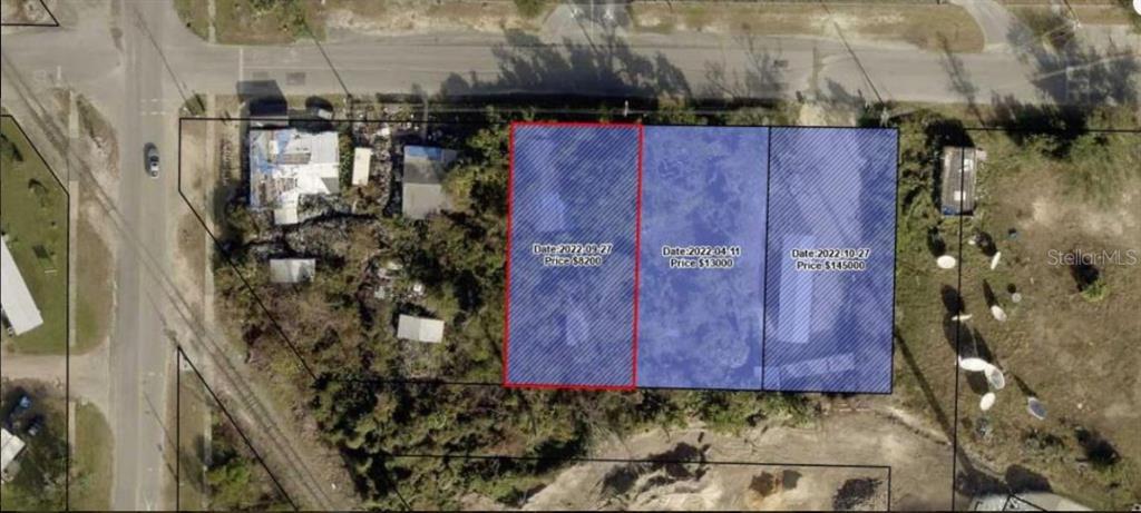 An aerial map shows three adjacent rectangular land parcels highlighted with their sale dates and prices — 3504 E 5TH STREET, PANAMA CITY, FL